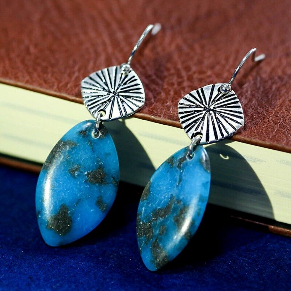 Retro 925 Silver Turquoise Hook Dangle Drop Earrings Vintage Boho Antique